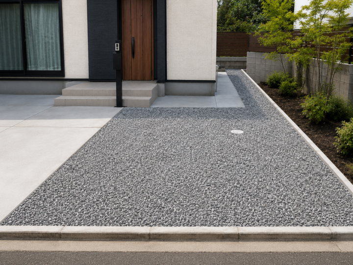 防草シート加工とバラス砕石を組み合わせた防犯砂利敷きの外構工事の施工後写真1