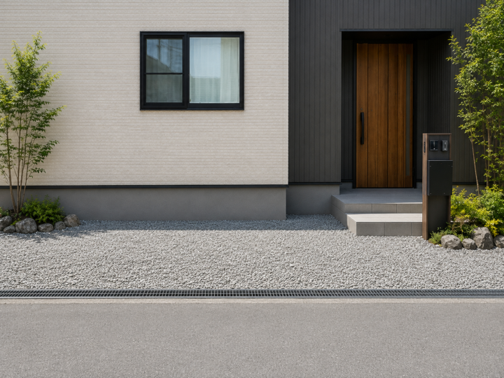 住宅前面に防草シートを組み合わせたバラス砕石の防犯砂利敷き工事 After