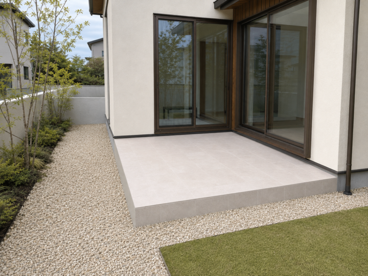住まいの入隅に沿って広がるLIXILグレイスランドのタイルデッキ After