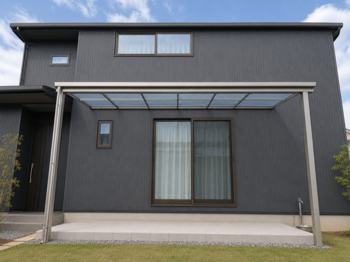 YKKAPソラリアFを設置した1階テラス屋根の施工事例の施工後写真1