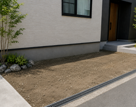 住宅前面に防草シートを組み合わせたバラス砕石の防犯砂利敷き工事 Before