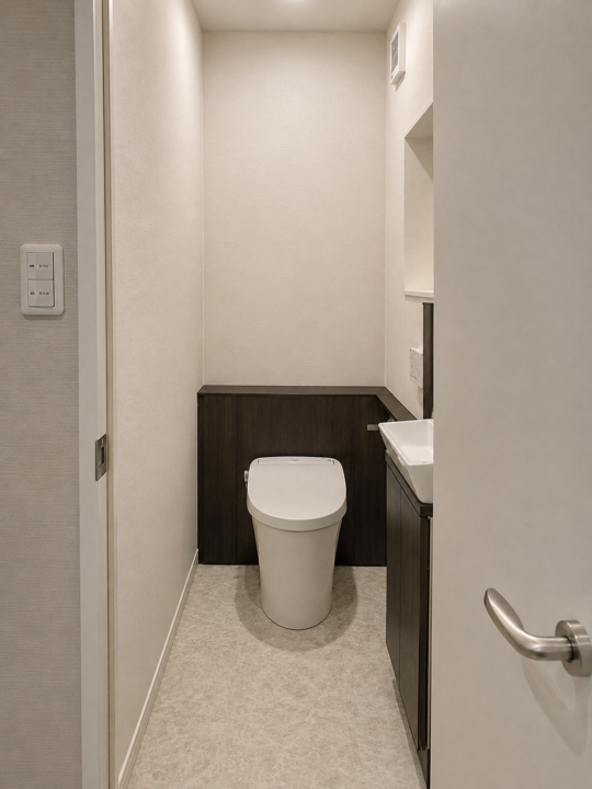 トイレ背面を彩るグレー系石目調エコカラットの壁面施工の施工前写真1