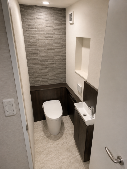 トイレ背面を彩るグレー系石目調エコカラットの壁面施工の施工後写真1